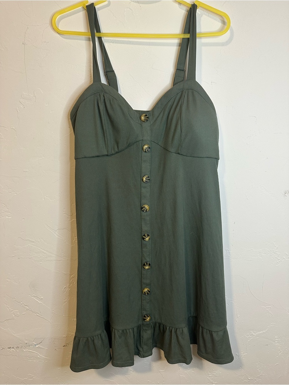 Olive Green Ribbed Button-Front Sundress